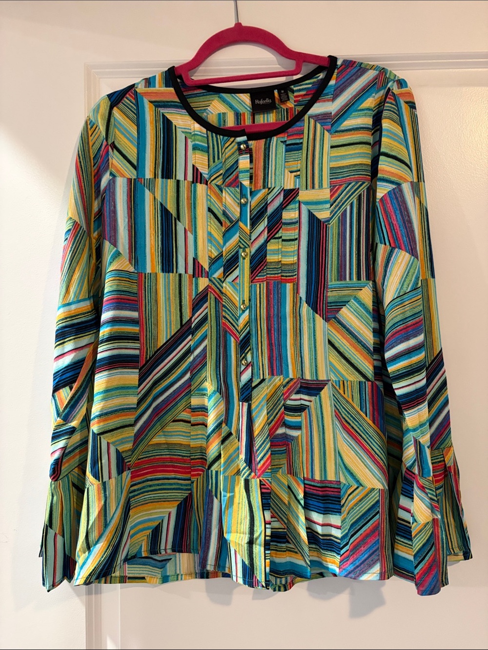 Rafaella Multi-Stripe Button-Down Blouse in Yellow, Teal, Blue and Pink